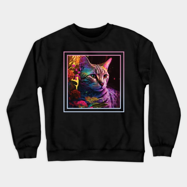 Cuddly Egyptian Mau Cat Floral Vibrant Tropical Digital Oil Painting Portrait Crewneck Sweatshirt by ArtHouseFlunky